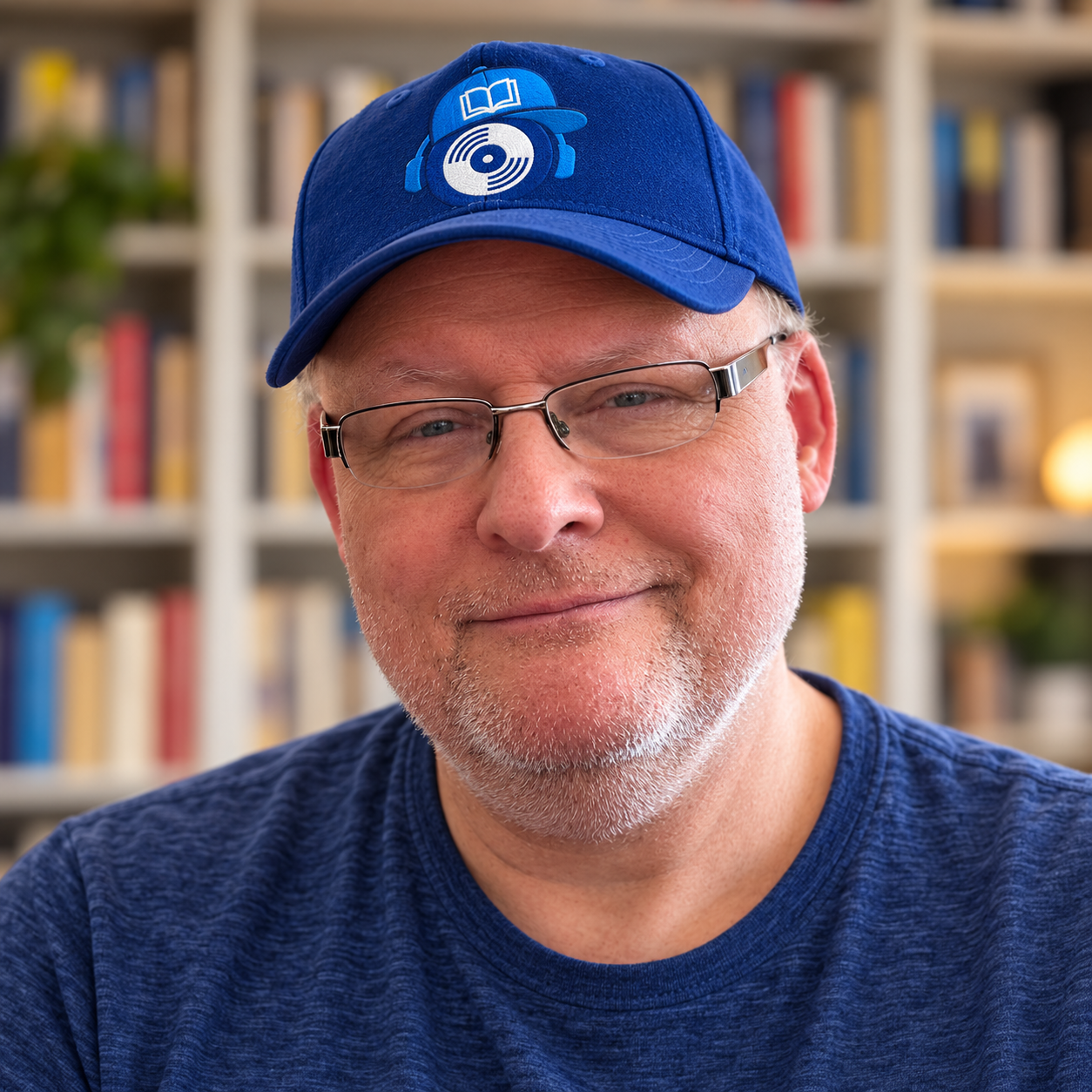 Lars Anlauf mit der blauen inspAIred-Studio-Kappe vor seinem Bücherregal